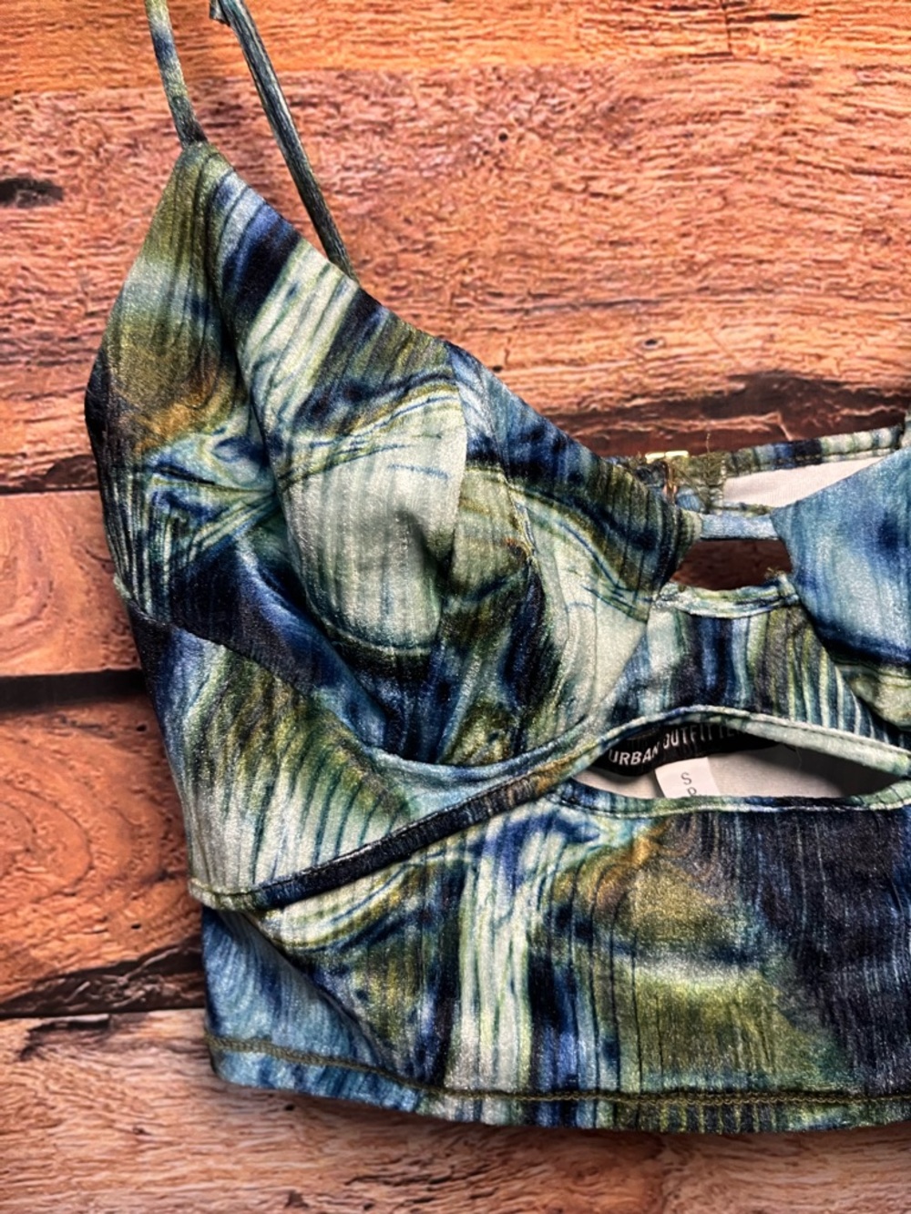 Urban Outfitters Josie Velvet Corset Chartreuse Tie-Dye Strap Crop Top (236) - Picture 4 of 9